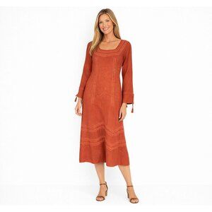 New Frock & Frill 8 Rust Orange Embroidered Midi Dress Tassels Bell Sleeves